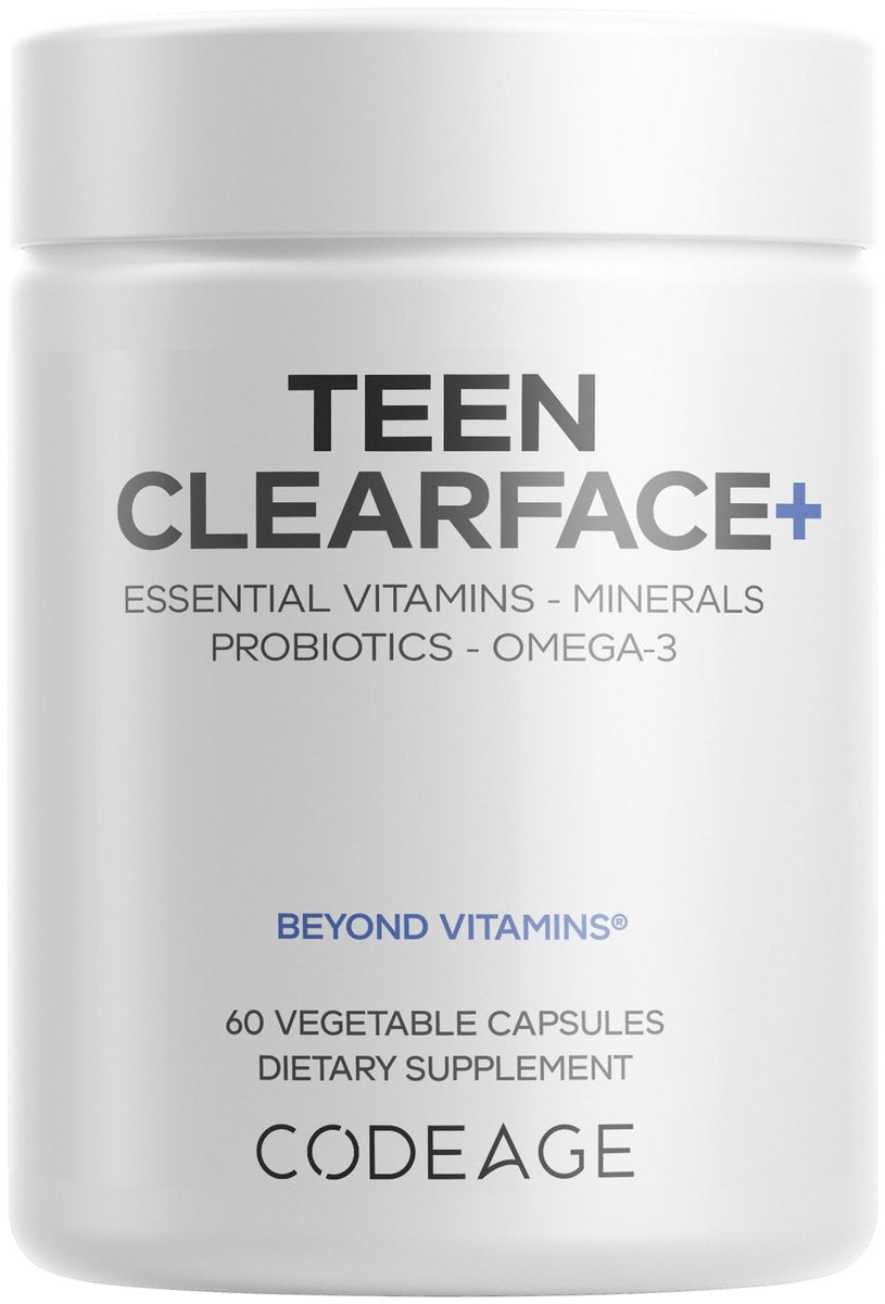 Codeage Teen Clearface – Hautreinigungs-Supplement für Jugendliche mit Vitaminen, Zink, Probiotika und Omega-3 – 60 Kapseln