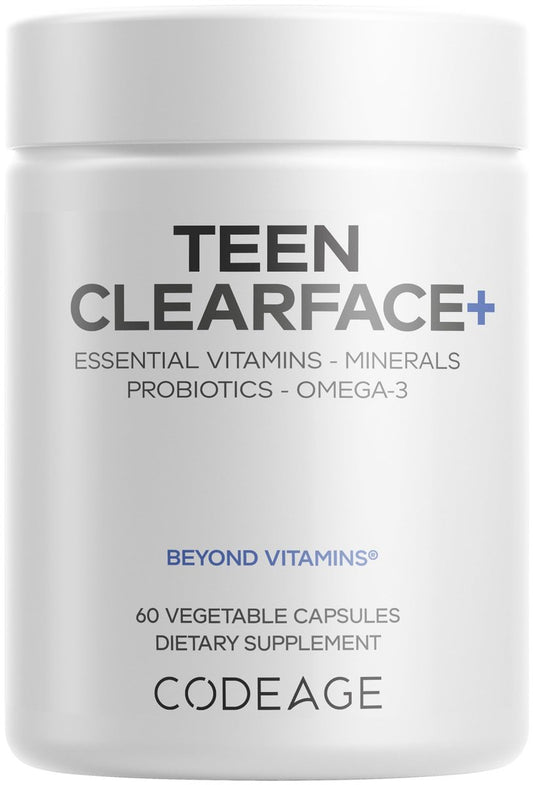Codeage Teen Clearface – Hautreinigungs-Supplement für Jugendliche mit Vitaminen, Zink, Probiotika und Omega-3 – 60 Kapseln
