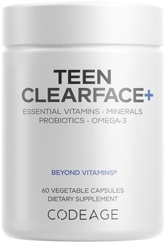 Codeage Teen Clearface – Hautreinigungs-Supplement für Jugendliche mit Vitaminen, Zink, Probiotika und Omega-3 – 60 Kapseln
