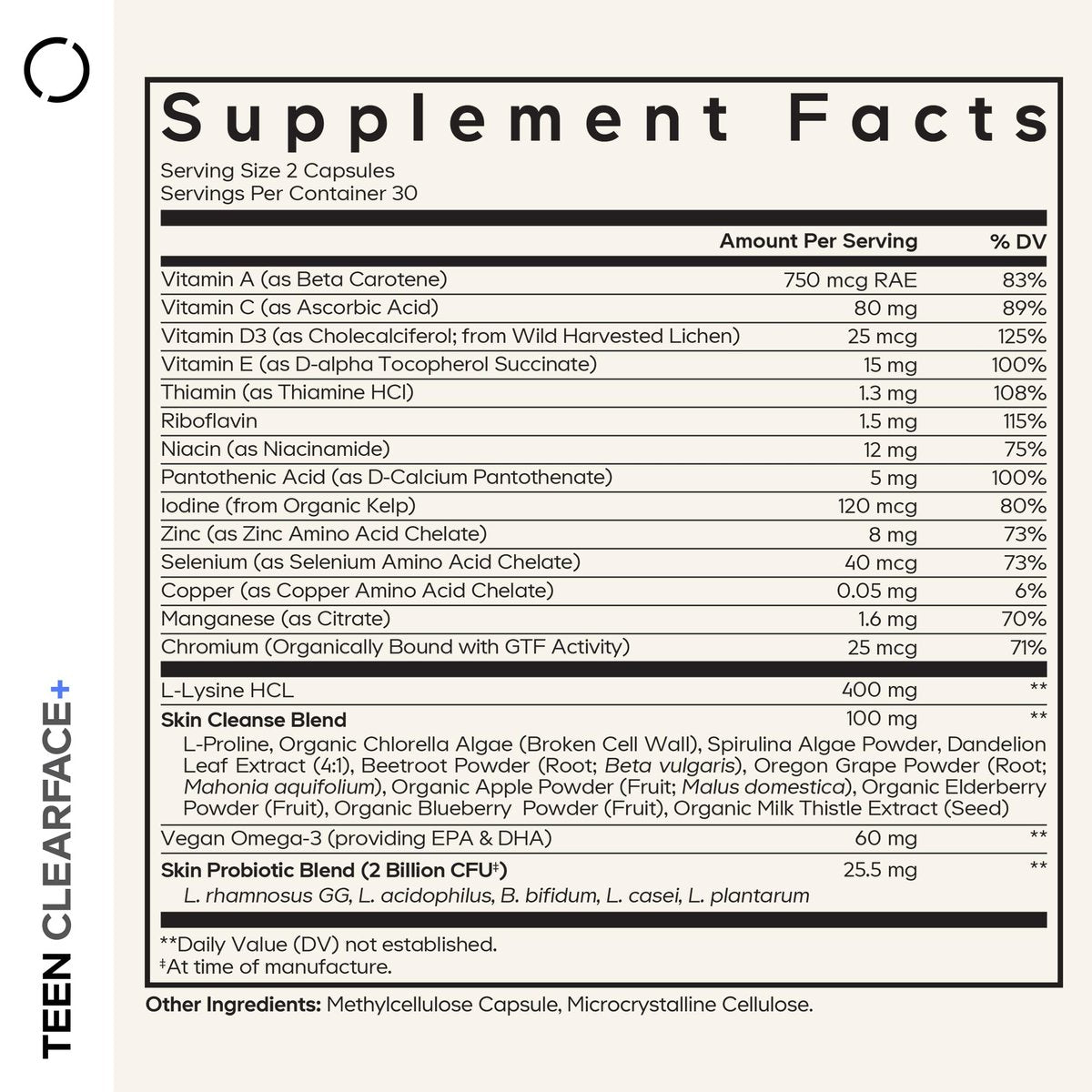 Codeage Teen Clearface – Hautreinigungs-Supplement für Jugendliche mit Vitaminen, Zink, Probiotika und Omega-3 – 60 Kapseln