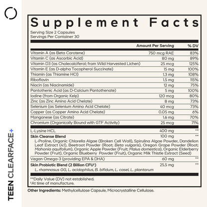 Codeage Teen Clearface – Hautreinigungs-Supplement für Jugendliche mit Vitaminen, Zink, Probiotika und Omega-3 – 60 Kapseln