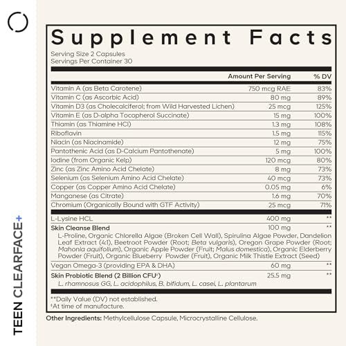 Codeage Teen Clearface – Hautreinigungs-Supplement für Jugendliche mit Vitaminen, Zink, Probiotika und Omega-3 – 60 Kapseln