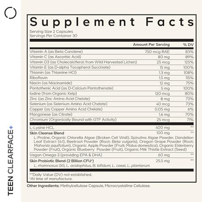 Codeage Teen Clearface – Hautreinigungs-Supplement für Jugendliche mit Vitaminen, Zink, Probiotika und Omega-3 – 60 Kapseln
