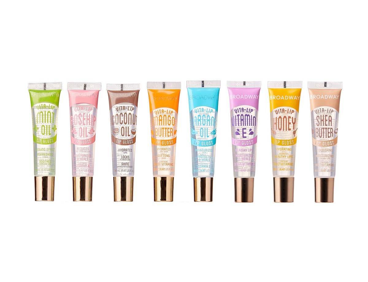 Ruby Kisses Broadway Vita-Lip Clear Lip Gloss Set (8er Pack) – Ultra-feuchtigkeitsspendender & pflegender Lipgloss mit Vitaminen, hochglänzend & nicht klebrig – Sorten: Minze, Hagebutte, Kokos, Mango, Argan, Honig, Shea