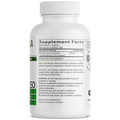 Bronson Rhodiola Rosea Kapseln - Adaptogenes Kraut für Gehirn, Stress & Stimmung - Non-GMO, 250 Stück