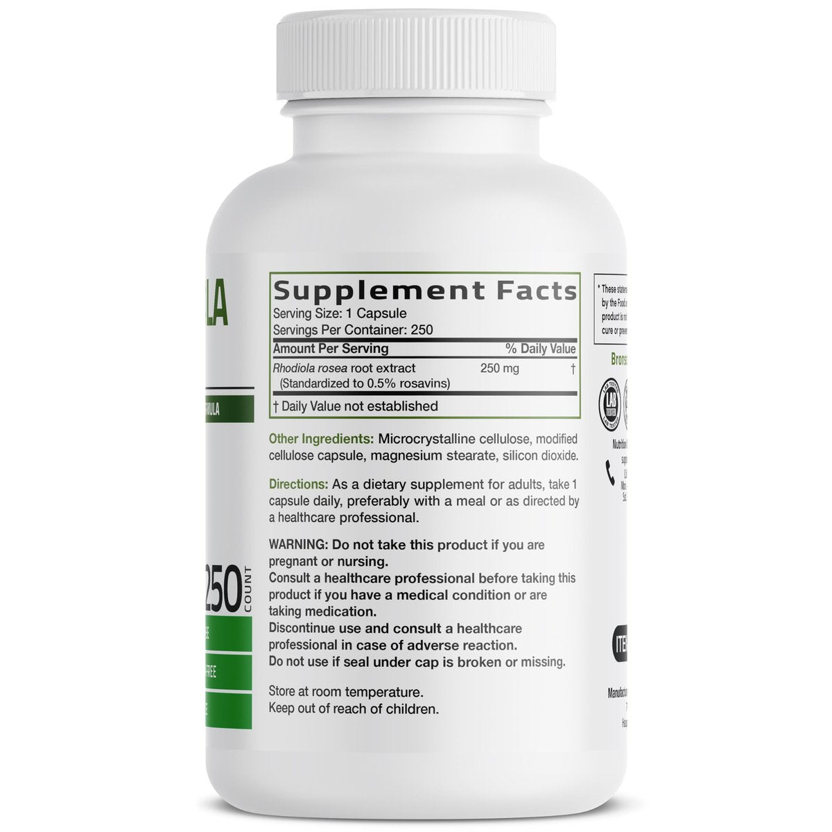 Bronson Rhodiola Rosea Kapseln - Adaptogenes Kraut für Gehirn, Stress & Stimmung - Non-GMO, 250 Stück