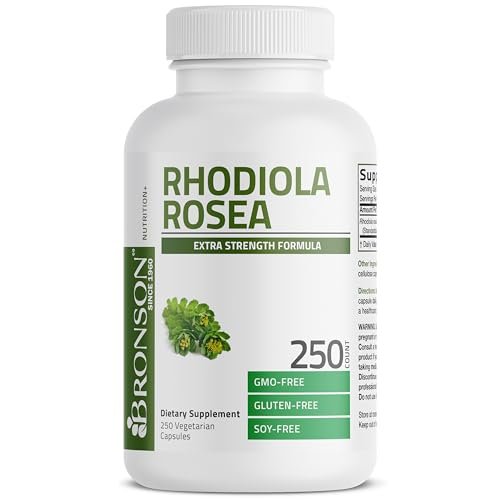 Bronson Rhodiola Rosea Kapseln - Adaptogenes Kraut für Gehirn, Stress & Stimmung - Non-GMO, 250 Stück