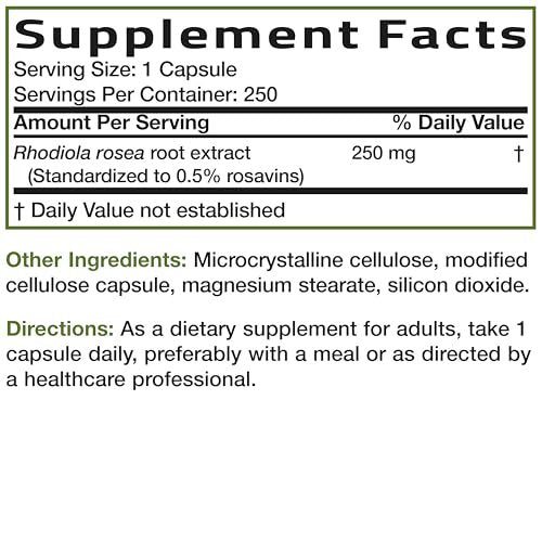 Bronson Rhodiola Rosea Kapseln - Adaptogenes Kraut für Gehirn, Stress & Stimmung - Non-GMO, 250 Stück