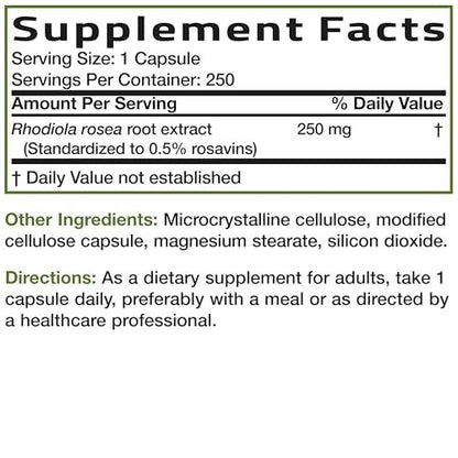 Bronson Rhodiola Rosea Kapseln - Adaptogenes Kraut für Gehirn, Stress & Stimmung - Non-GMO, 250 Stück