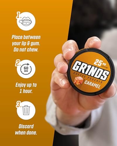 GRINDS Kaffeebeutel Karamellgeschmack | 3 Dosen | Koffeinhaltige Alternative zu Kaffee | 18 Beutel pro Dose