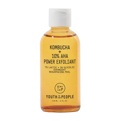 Youth To The People Kombucha + 10% AHA Power Exfoliant (118 ml) – Über Nacht wirkendes Peeling, mildert Verfärbungen und glättet die Hautstruktur, mit Milch- und Glykolsäure, duftfrei, vegan
