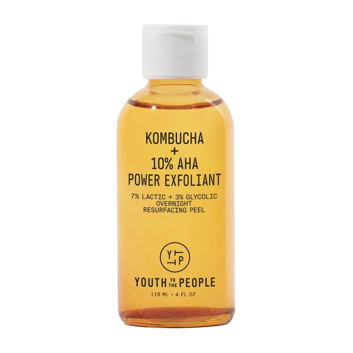 Youth To The People Kombucha + 10% AHA Power Exfoliant (118 ml) – Über Nacht wirkendes Peeling, mildert Verfärbungen und glättet die Hautstruktur, mit Milch- und Glykolsäure, duftfrei, vegan