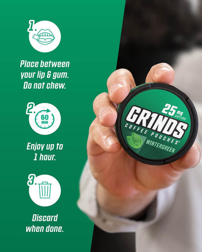 Grinds Coffee Pouches | Wintergreen Geschmack | 3 Dosen | Koffeinhaltige Kaffeealternative ohne Brühen | 18 Beutel pro Dose