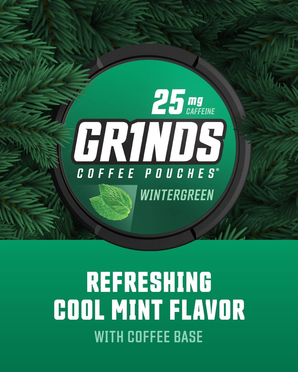 Grinds Coffee Pouches | Wintergreen Geschmack | 3 Dosen | Koffeinhaltige Kaffeealternative ohne Brühen | 18 Beutel pro Dose