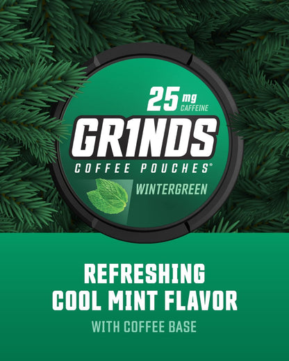 Grinds Coffee Pouches | Wintergreen Geschmack | 3 Dosen | Koffeinhaltige Kaffeealternative ohne Brühen | 18 Beutel pro Dose