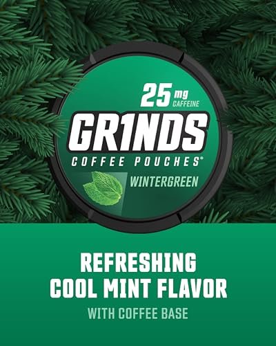 Grinds Coffee Pouches | Wintergreen Geschmack | 3 Dosen | Koffeinhaltige Kaffeealternative ohne Brühen | 18 Beutel pro Dose