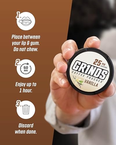 Grinds Coffee Pouches Vanille – 3 Dosen Koffeinalternative ohne Aufbrühen, 18 Pouches pro Dose