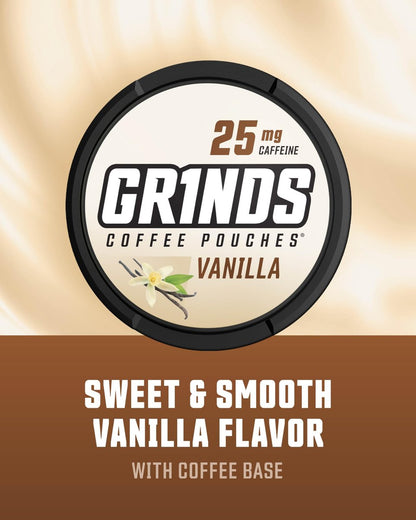 Grinds Coffee Pouches Vanille – 3 Dosen Koffeinalternative ohne Aufbrühen, 18 Pouches pro Dose