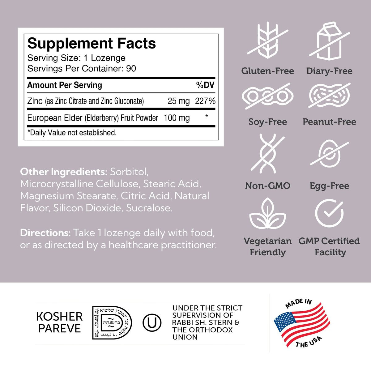 Zahler Holunder-Zink-Lutschtabletten für Erwachsene & Kinder - Leckere kaubare Zink- & Sambucus-Holunder-Lutschtabletten zur Immununterstützung - Koscher, hergestellt in den USA - Zinkpräparate für Männer & Frauen (90 Stück)