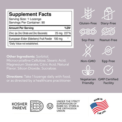 Zahler Holunder-Zink-Lutschtabletten für Erwachsene & Kinder - Leckere kaubare Zink- & Sambucus-Holunder-Lutschtabletten zur Immununterstützung - Koscher, hergestellt in den USA - Zinkpräparate für Männer & Frauen (90 Stück)
