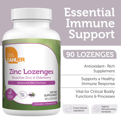 Zahler Holunder-Zink-Lutschtabletten für Erwachsene & Kinder - Leckere kaubare Zink- & Sambucus-Holunder-Lutschtabletten zur Immununterstützung - Koscher, hergestellt in den USA - Zinkpräparate für Männer & Frauen (90 Stück)