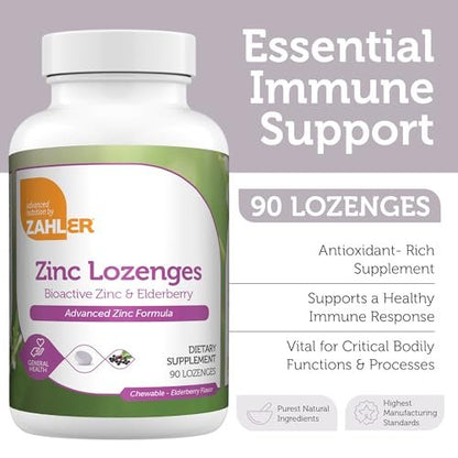 Zahler Holunder-Zink-Lutschtabletten für Erwachsene & Kinder - Leckere kaubare Zink- & Sambucus-Holunder-Lutschtabletten zur Immununterstützung - Koscher, hergestellt in den USA - Zinkpräparate für Männer & Frauen (90 Stück)
