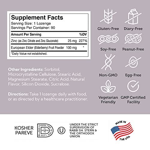 Zahler Holunder-Zink-Lutschtabletten für Erwachsene & Kinder - Leckere kaubare Zink- & Sambucus-Holunder-Lutschtabletten zur Immununterstützung - Koscher, hergestellt in den USA - Zinkpräparate für Männer & Frauen (90 Stück)