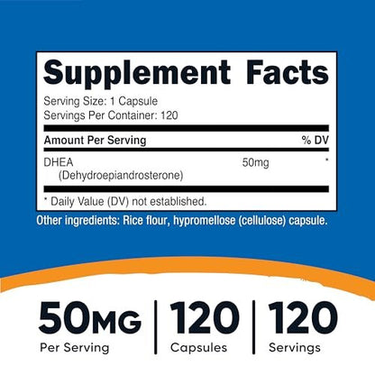 Nutricost DHEA 50 mg, 120 Kapseln – Glutenfrei, Sojafrei, Nicht-GMO, Nahrungsergänzungsmittel