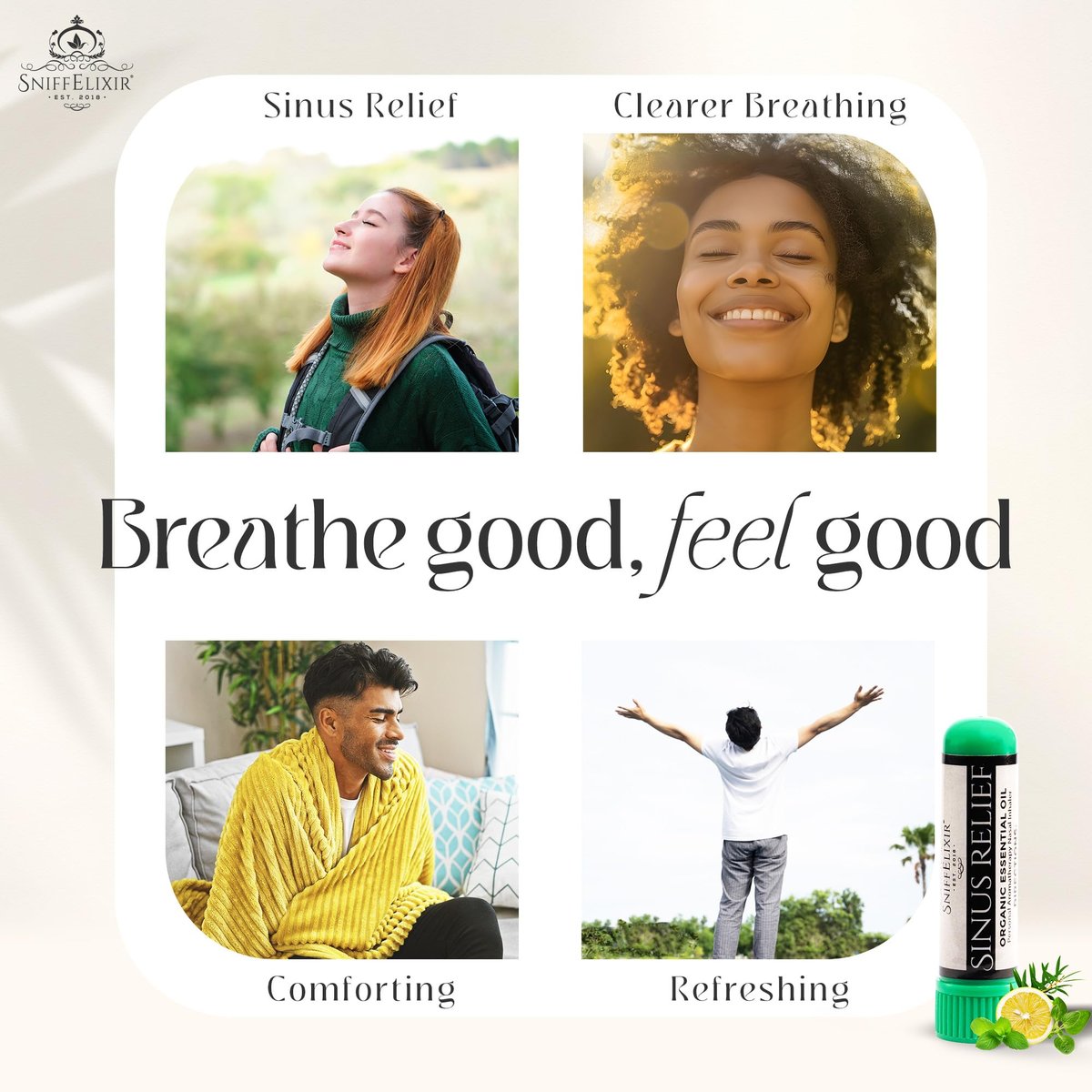 Sinus Drucklinderung Ätherisches Öl Aromatherapie Nasenstift Vapor Inhalator - Verstopfungslinderung für Erwachsene & Sinuskopfschmerz, Hergestellt in den USA mit Bio-Ätherischen Ölen, Frei Atmen