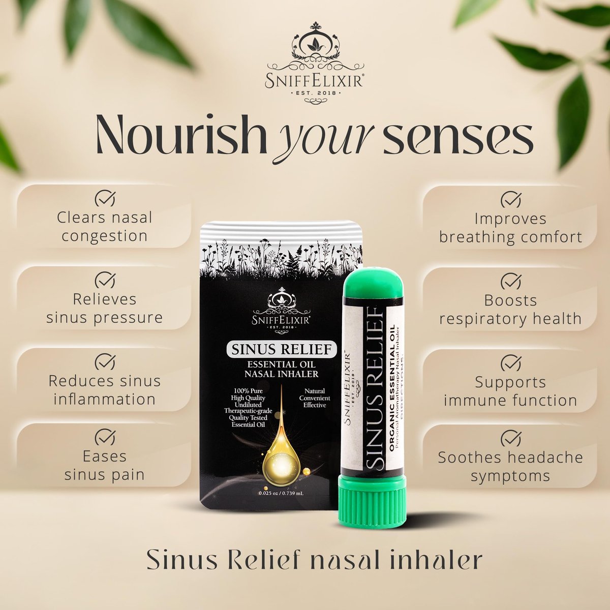 Sinus Drucklinderung Ätherisches Öl Aromatherapie Nasenstift Vapor Inhalator - Verstopfungslinderung für Erwachsene & Sinuskopfschmerz, Hergestellt in den USA mit Bio-Ätherischen Ölen, Frei Atmen
