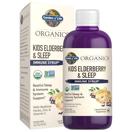 Garden of Life Organics Holunder Immununterstützung für Kinder mit Zink, Vitamin C – Holunder & Schlafimmun-Sirup für Kinder, Kräuter für die Nacht, alkoholfrei, ohne Zuckerzusatz, 116 ml