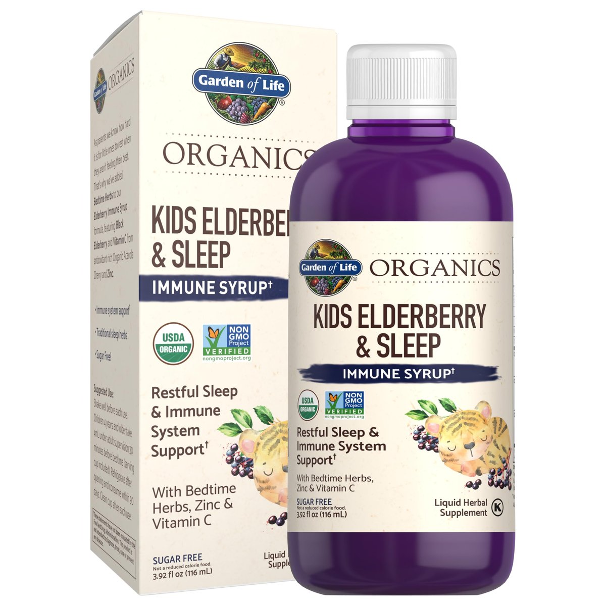 Garden of Life Organics Holunder Immununterstützung für Kinder mit Zink, Vitamin C – Holunder & Schlafimmun-Sirup für Kinder, Kräuter für die Nacht, alkoholfrei, ohne Zuckerzusatz, 116 ml