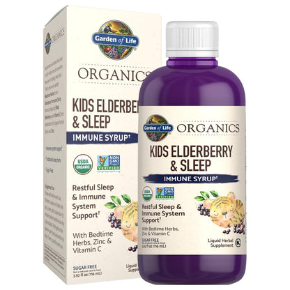 Garden of Life Organics Holunder Immununterstützung für Kinder mit Zink, Vitamin C – Holunder & Schlafimmun-Sirup für Kinder, Kräuter für die Nacht, alkoholfrei, ohne Zuckerzusatz, 116 ml