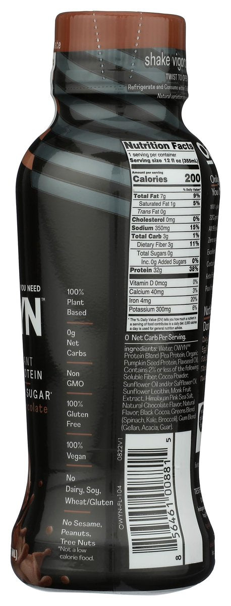 Owyn Chocolate Pro Elite Pflanzliches Protein Getränk, 12 FZ