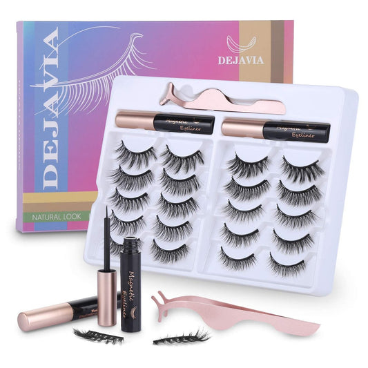 Magnetische Wimpern mit Eyeliner Set - 10 Paar Premium 3D Natürlicher Look Wiederverwendbare Wimpern mit Pinzette, Starker Magnetischer Eyeliner und Wimpern Set von DEJAVIA, Kein Kleber Nötig