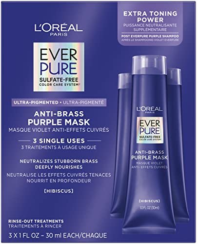 L'Oréal Paris EverPure Anti-Brass Purple Rinse-Out Mask für gebleichtes, blondes oder gesträhntes Haar, 3er-Pack à 1 Fl Oz