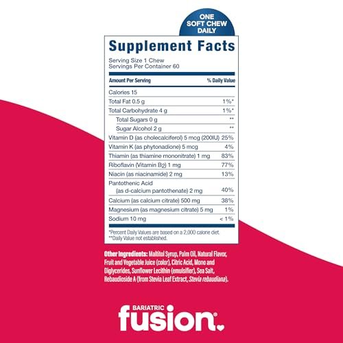 Bariatric Fusion Calcium Kautabletten – Calciumcitrat mit Vitamin D3 für die bariatrische Ernährung – Zuckerfrei, kaubar, 500 mg, Erdbeere, 60 Stück