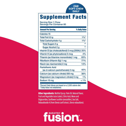 Bariatric Fusion Calcium Kautabletten – Calciumcitrat mit Vitamin D3 für die bariatrische Ernährung – Zuckerfrei, kaubar, 500 mg, Erdbeere, 60 Stück