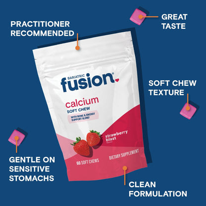 Bariatric Fusion Calcium Kautabletten – Calciumcitrat mit Vitamin D3 für die bariatrische Ernährung – Zuckerfrei, kaubar, 500 mg, Erdbeere, 60 Stück
