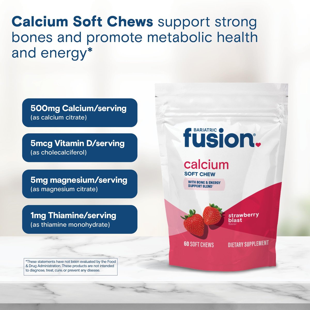 Bariatric Fusion Calcium Kautabletten – Calciumcitrat mit Vitamin D3 für die bariatrische Ernährung – Zuckerfrei, kaubar, 500 mg, Erdbeere, 60 Stück