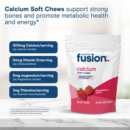 Bariatric Fusion Calcium Kautabletten – Calciumcitrat mit Vitamin D3 für die bariatrische Ernährung – Zuckerfrei, kaubar, 500 mg, Erdbeere, 60 Stück