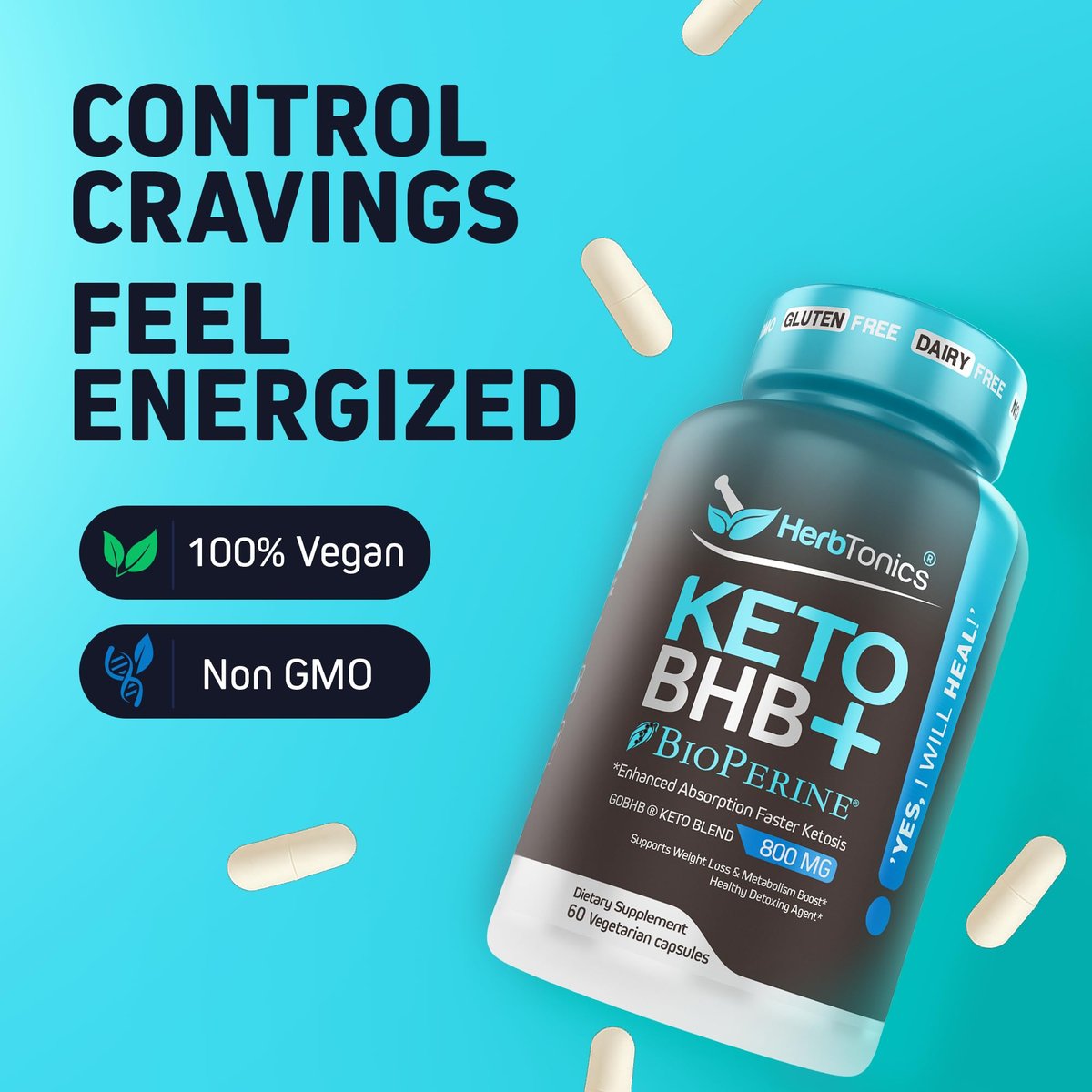 Herbtonics Keto BHB+ BioPerine Keto Kapseln – Exogene Ketone für Ketose-Unterstützung, Gewichtsmanagement, GLP-1-Unterstützung, Energie & Fokus – Vegan, Nicht-GMO – 60 Kapseln