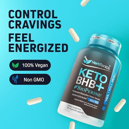 Herbtonics Keto BHB+ BioPerine Keto Kapseln – Exogene Ketone für Ketose-Unterstützung, Gewichtsmanagement, GLP-1-Unterstützung, Energie & Fokus – Vegan, Nicht-GMO – 60 Kapseln