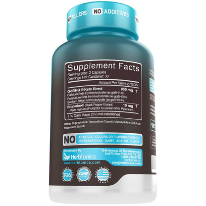 Herbtonics Keto BHB+ BioPerine Keto Kapseln – Exogene Ketone für Ketose-Unterstützung, Gewichtsmanagement, GLP-1-Unterstützung, Energie & Fokus – Vegan, Nicht-GMO – 60 Kapseln