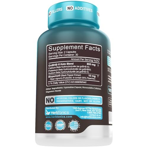 Herbtonics Keto BHB+ BioPerine Keto Kapseln – Exogene Ketone für Ketose-Unterstützung, Gewichtsmanagement, GLP-1-Unterstützung, Energie & Fokus – Vegan, Nicht-GMO – 60 Kapseln