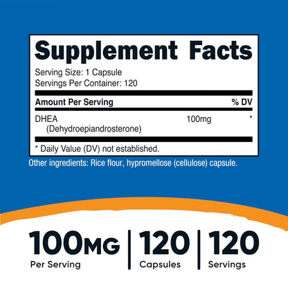 Nutricost DHEA 100 mg, 120 Kapseln – Glutenfrei, Sojafrei, Non-GMO, Nahrungsergänzungsmittel