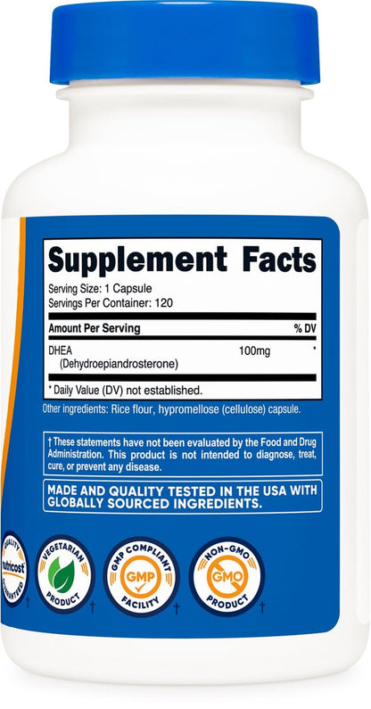 Nutricost DHEA 100 mg, 120 Kapseln – Glutenfrei, Sojafrei, Non-GMO, Nahrungsergänzungsmittel