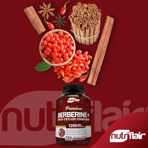 NutriFlair Premium Berberin HCL 1200 mg, 120 Kapseln – Mit reinem Ceylon-Zimt, Berberin-HCI-Wurzel-Nahrungsergänzung – Immunsystem – Hergestellt in den USA