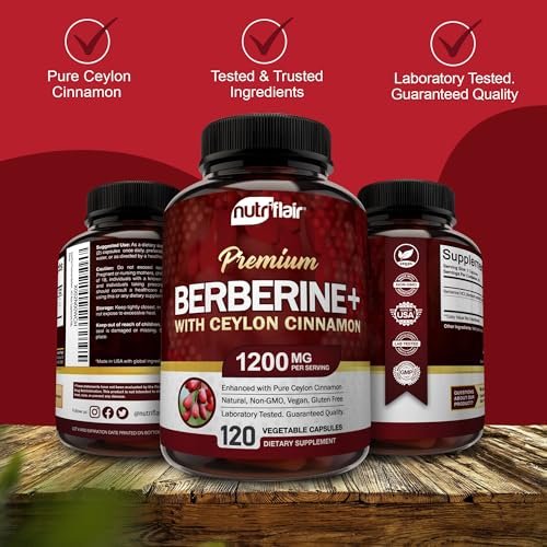 NutriFlair Premium Berberin HCL 1200 mg, 120 Kapseln – Mit reinem Ceylon-Zimt, Berberin-HCI-Wurzel-Nahrungsergänzung – Immunsystem – Hergestellt in den USA