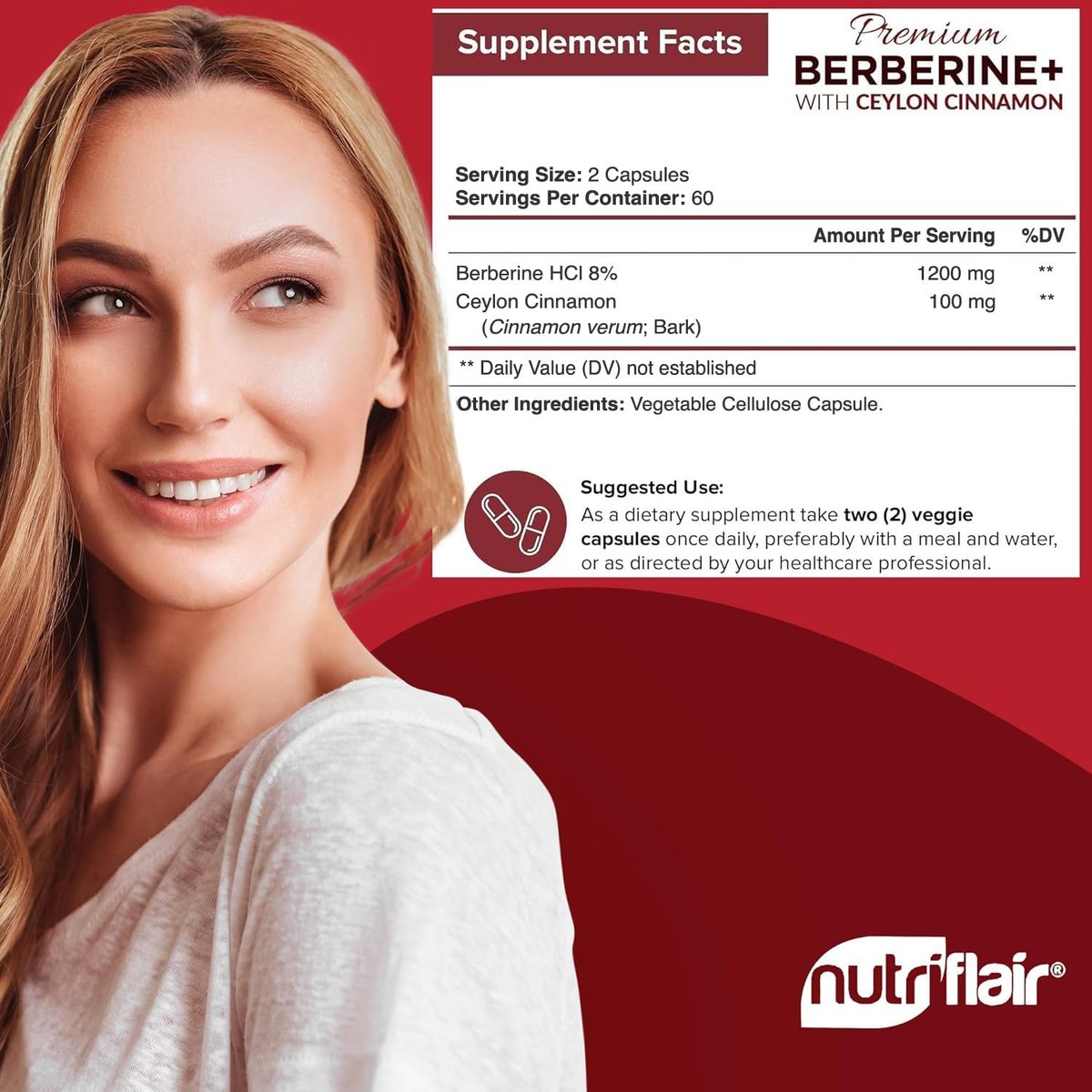 NutriFlair Premium Berberin HCL 1200 mg, 120 Kapseln – Mit reinem Ceylon-Zimt, Berberin-HCI-Wurzel-Nahrungsergänzung – Immunsystem – Hergestellt in den USA
